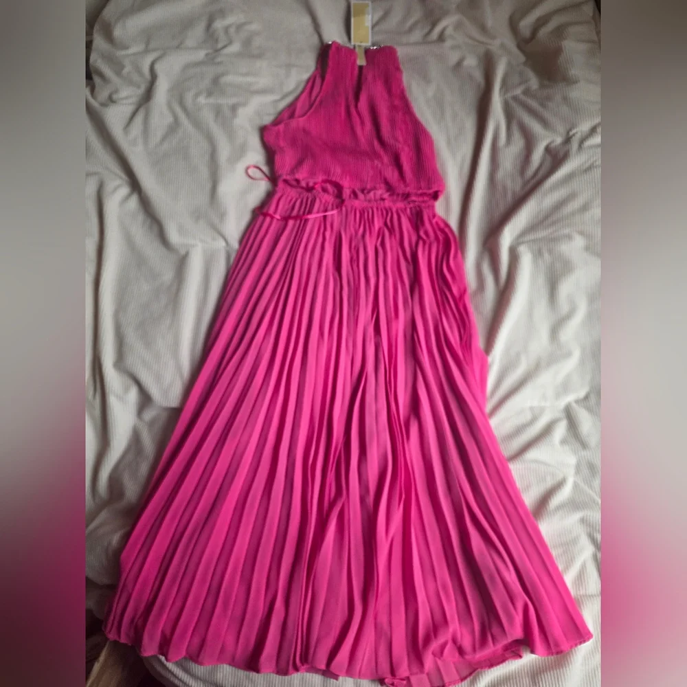 Michael Kors Halter Neck Pleated Cut-out Midi Dress cerise/pink Sz M BNWT